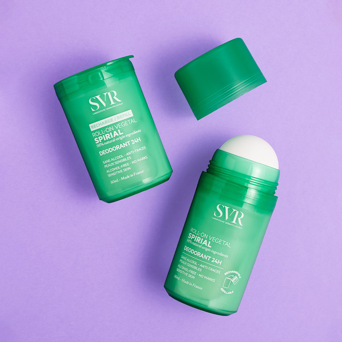 SVR Spirial Vegetal 50ml roll-on deodorant in a green refillable bottle with a matching cap on a purple background.