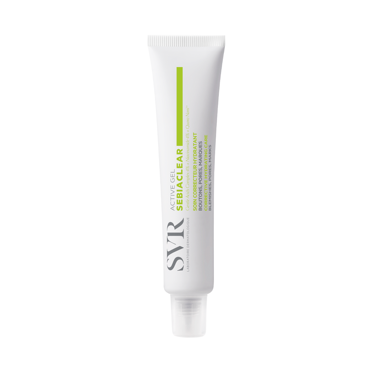 SVR Sebiaclear Active Gel in a white squeeze tube with green and black text detailing corrective skincare benefits.