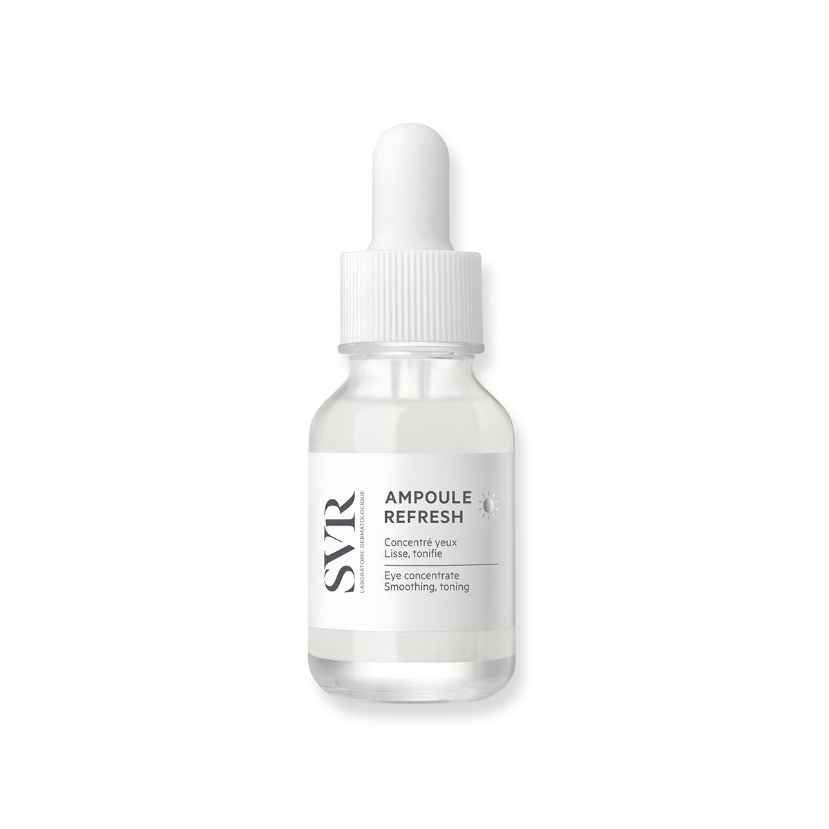 SVR Ampoule Refresh eye concentrate in a clear glass dropper bottle with a white cap and minimalist label.