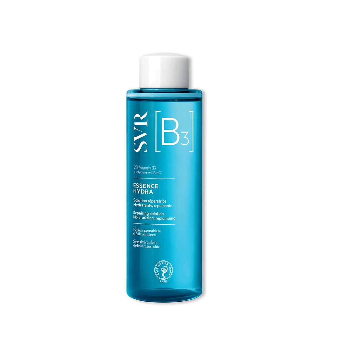 SVR B3 Essence Hydra bottle with blue translucent liquid, white cap, and vitamin B3 and hyaluronic acid labeling.