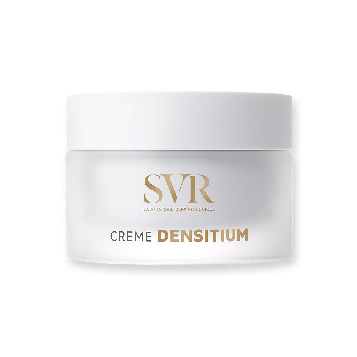 SVR Densitium Creme in a frosted glass jar with a white lid and elegant gold lettering on a white background.