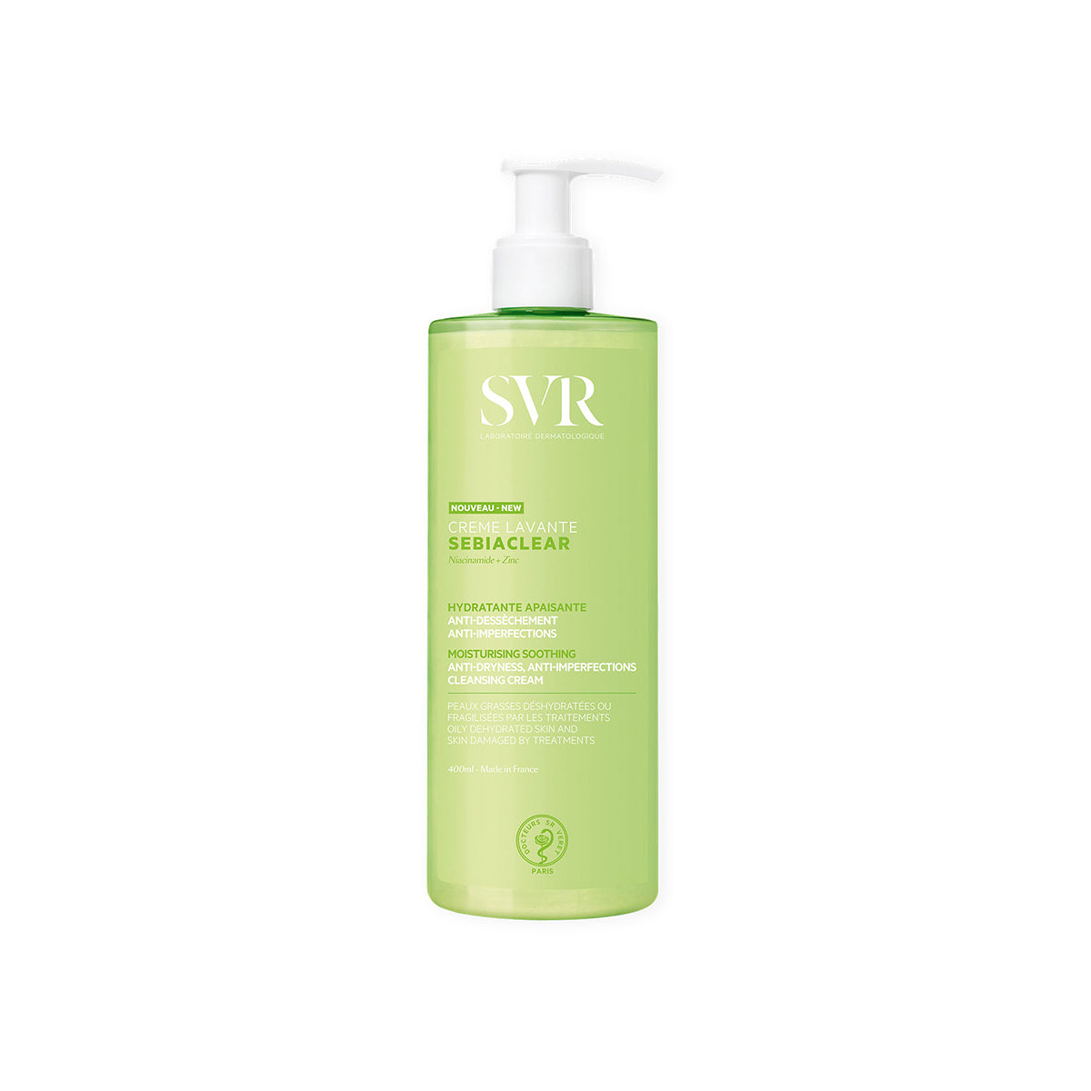 SVR Sebiaclear Creme Lavante 400ml pump bottle in a translucent green container with white text for oily, dehydrated skin.