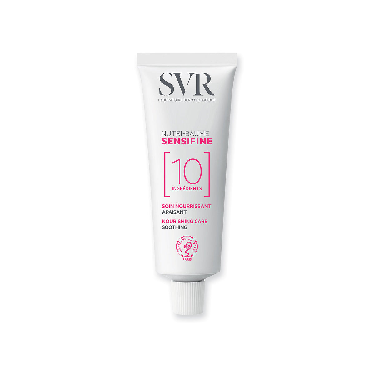 White SVR Sensifine Nutri-Baume tube featuring pink text and a 10-ingredient label on a clean, minimalist background.