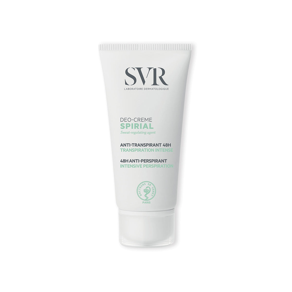 White SVR SPIRIAL Deo-Creme tube with mint green accents, 48H anti-perspirant label, and a clear plastic cap.