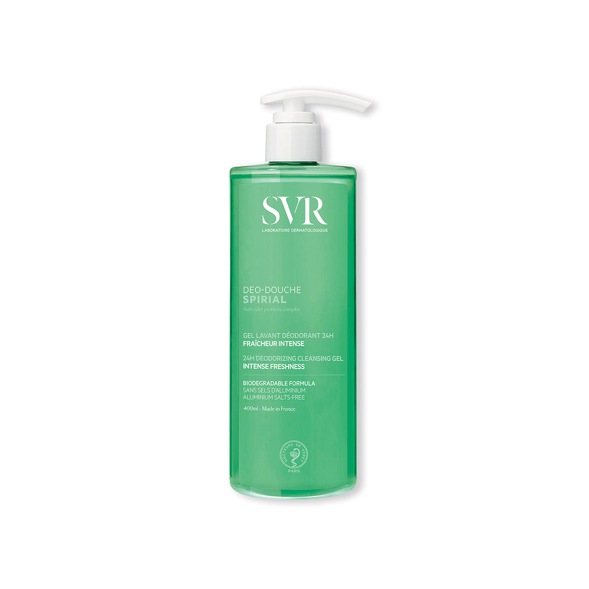 SVR Spirial Deo-Douche 400ml green transparent pump bottle with white text detailing 24H deodorizing cleansing gel.