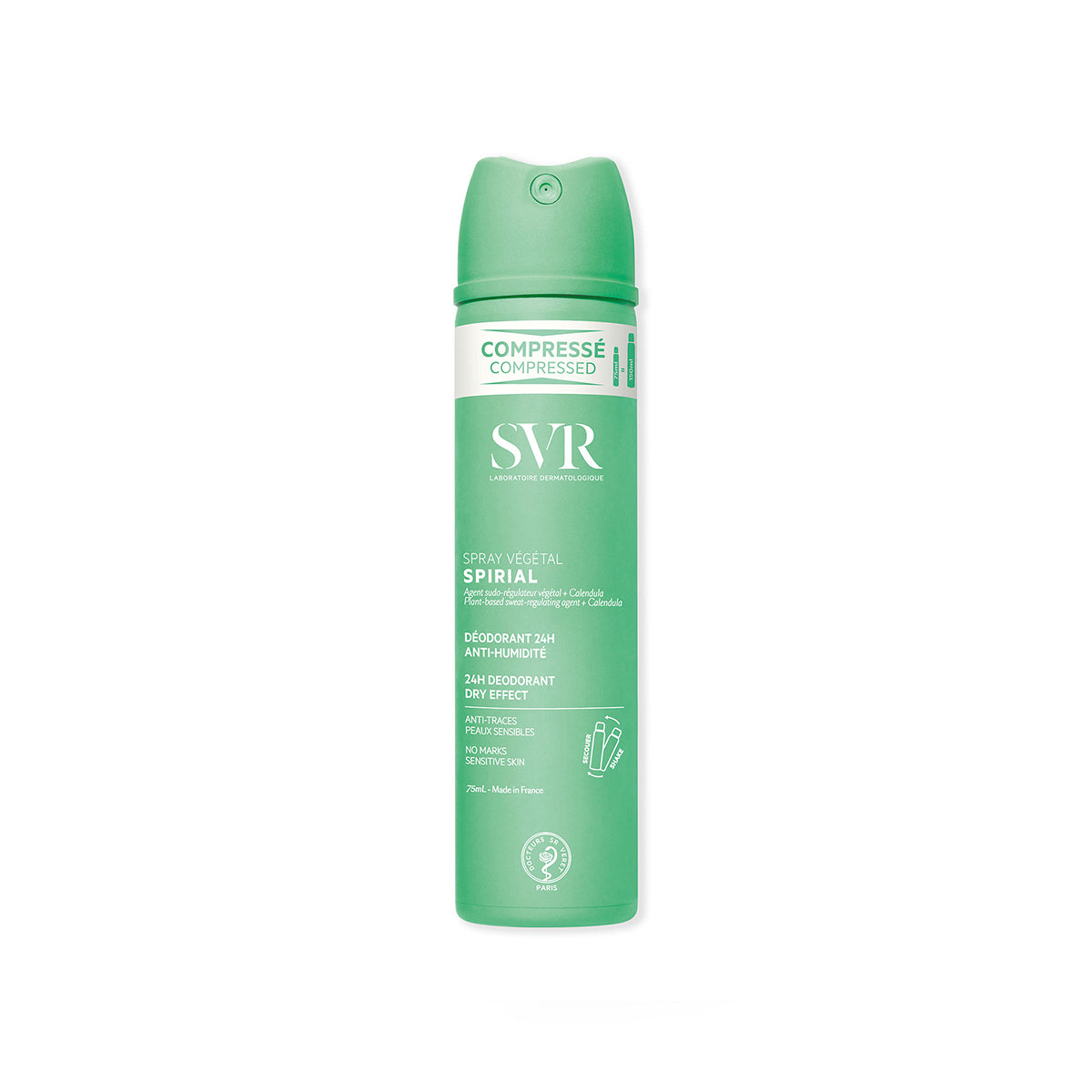 SVR Spirial Spray Vegetal 75ml compressed deodorant bottle in light green with white text and a spray nozzle cap.