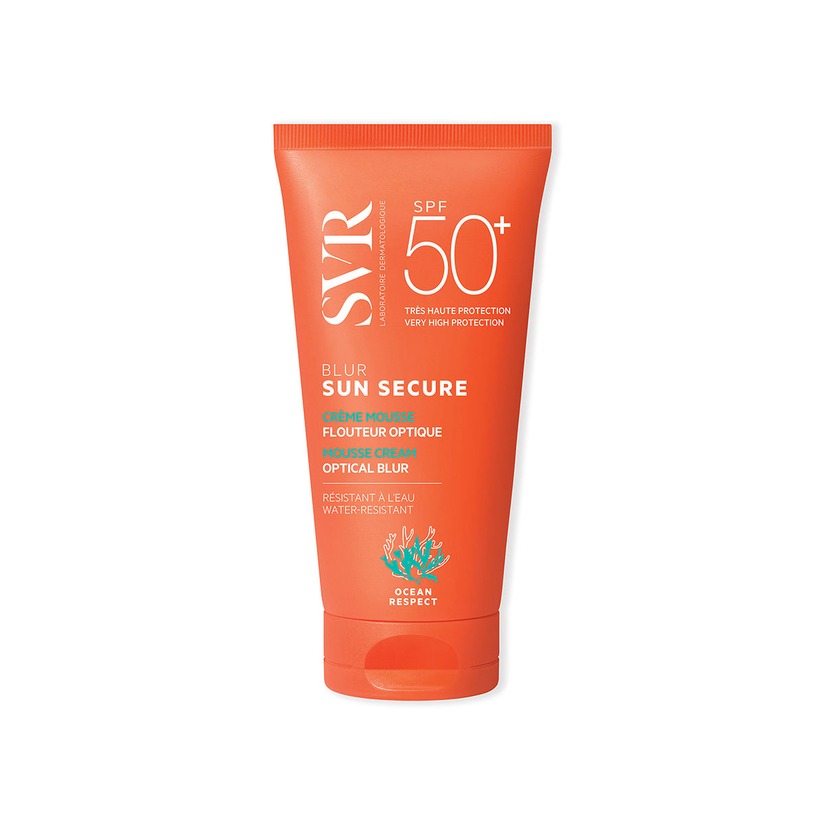 Orange SVR SUN SECURE Blur SPF50+ mousse cream tube with white text and a teal coral icon on a white background.