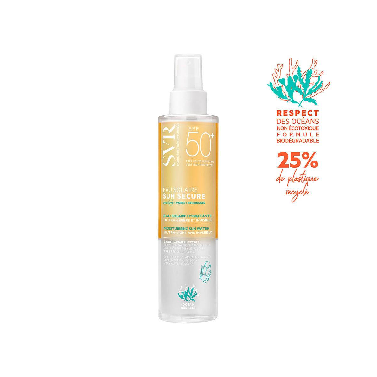 SVR SUN SECURE SPF50+ moisturizing sun water spray in a clear bottle with yellow and white labeling on a white background.