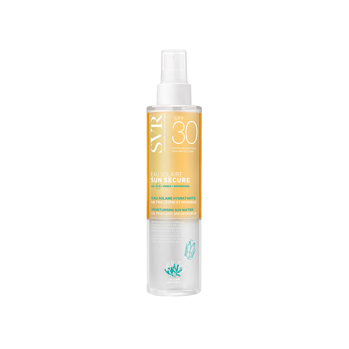 SVR SUN SECURE SPF30 moisturizing sun water in a clear spray bottle with a yellow gradient label and white text.