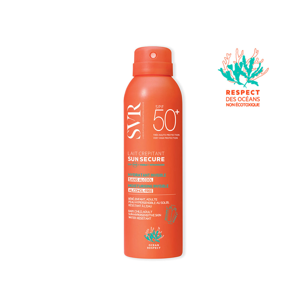 SVR SUN SECURE Lait Crépitant SPF50+ orange spray bottle with white text and ocean-friendly coral logo.