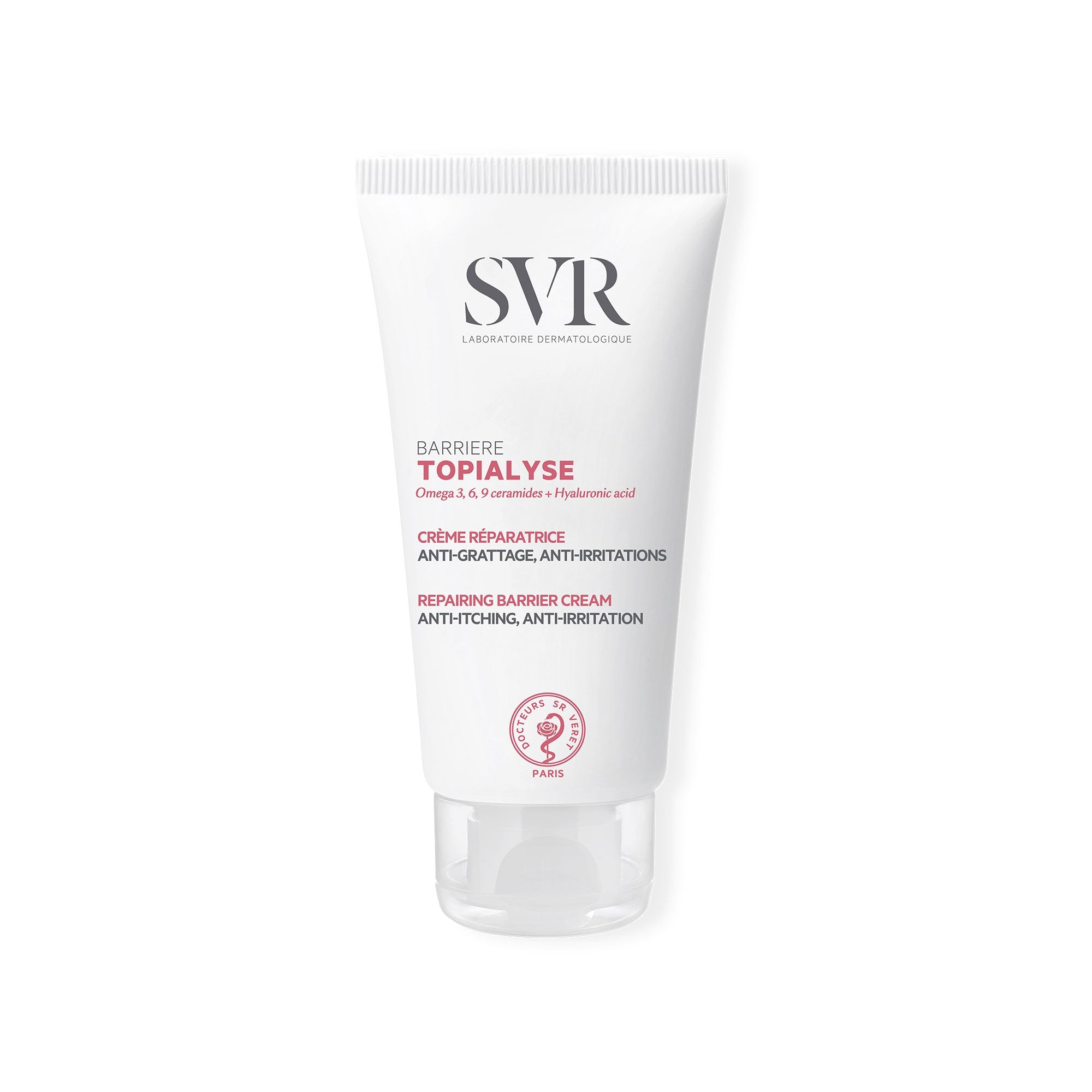 White tube of SVR TOPIALYSE Barrière repairing cream with a clear cap and black and pink text on a white background.