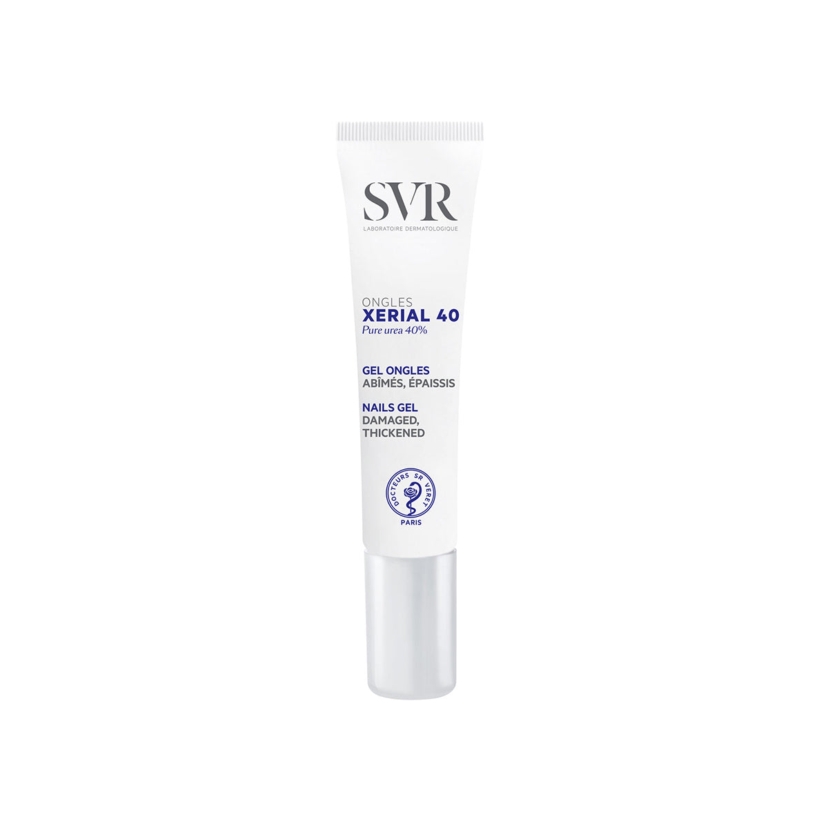 SVR XERIAL 40 Ongles nail gel in a white squeeze tube with blue text and a silver cap on a white background.