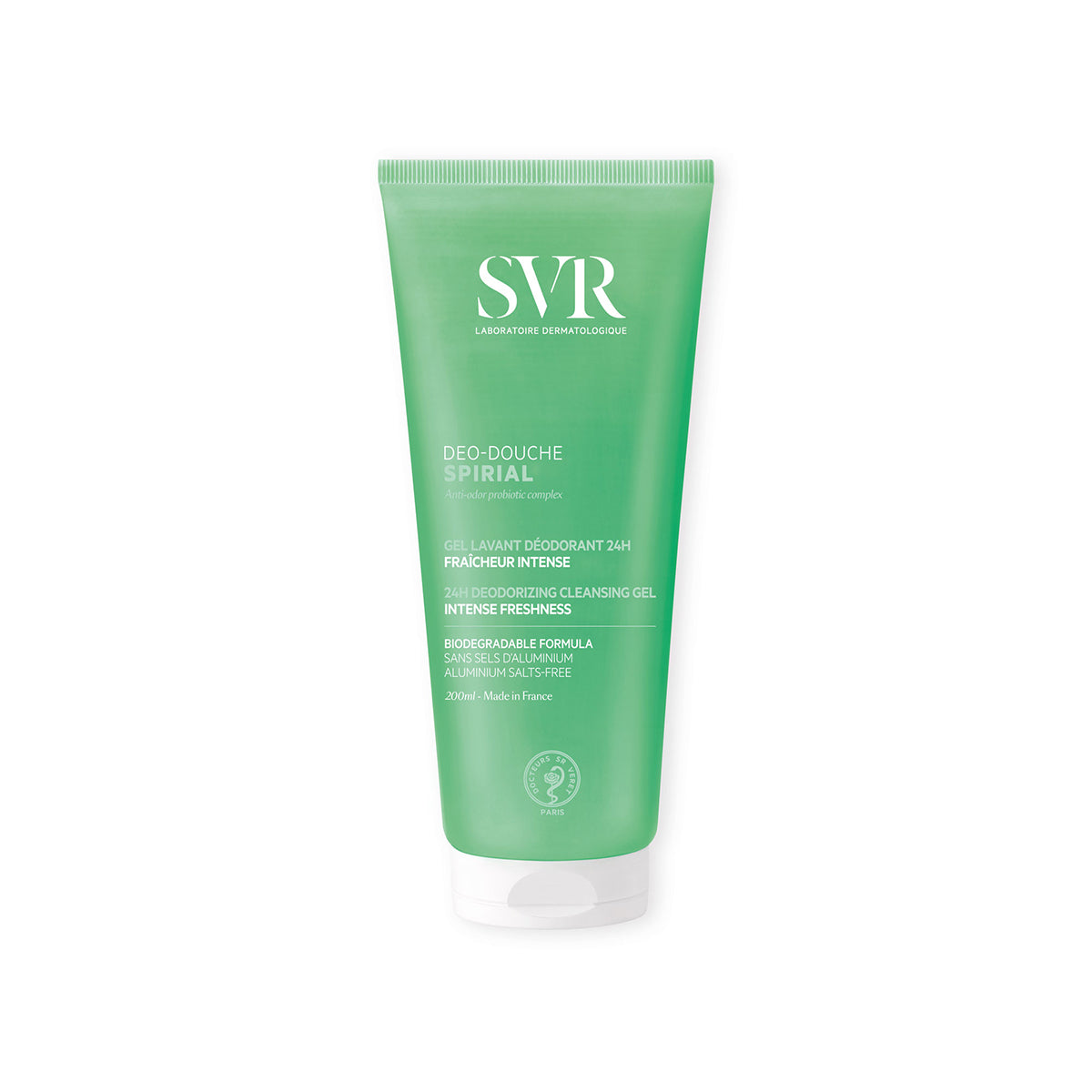 SVR Spirial Deo-Douche 200ml green squeeze tube with white text, a 24h deodorizing cleansing gel for intense freshness.