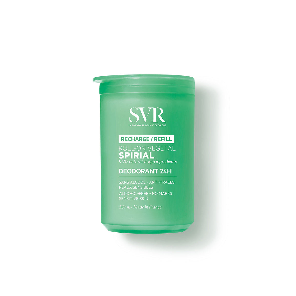 SVR Spirial Vegetal 50ml deodorant refill in a translucent green cylindrical container with white text.