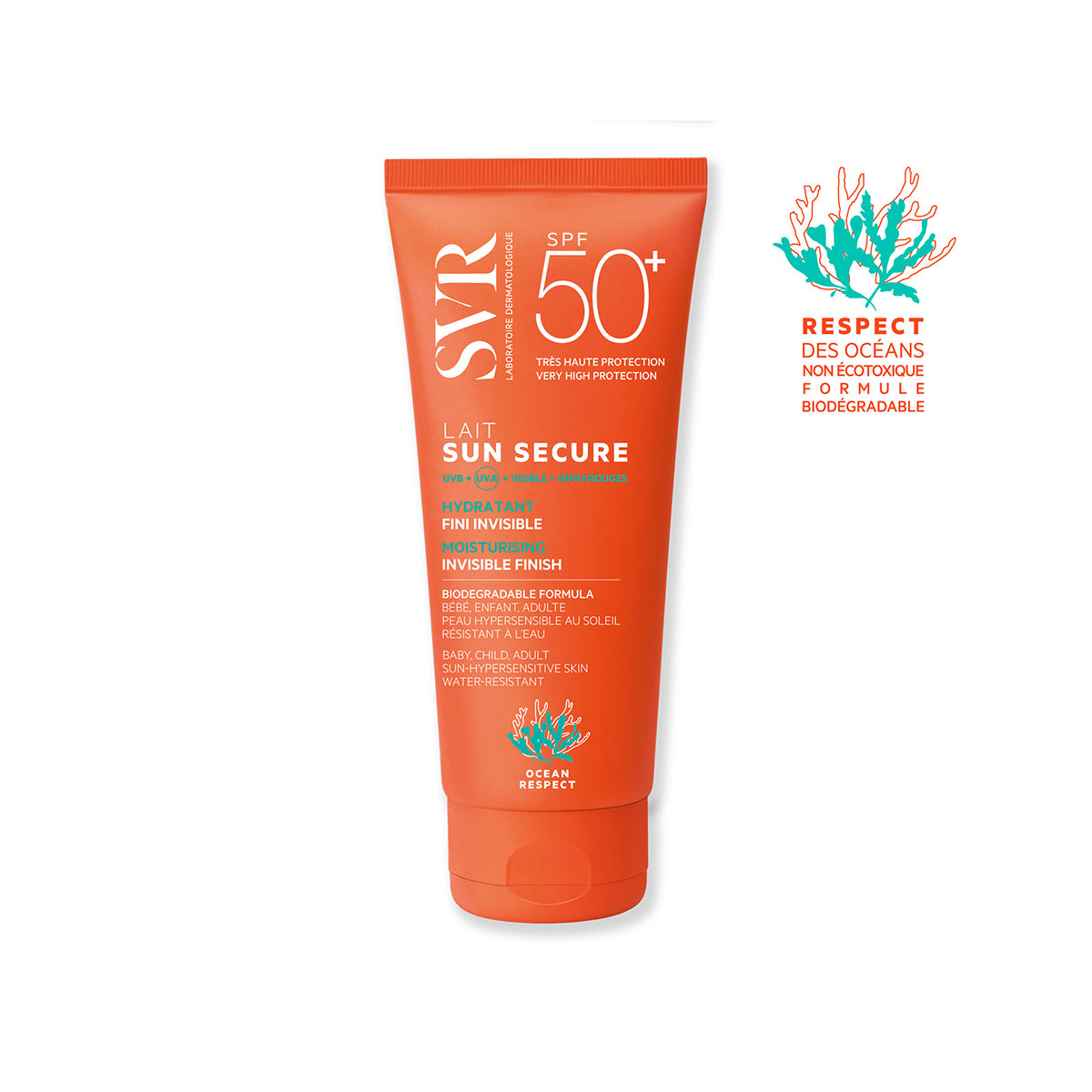 SVR SUN SECURE SPF50+ moisturizing sunscreen lotion in an orange squeeze tube with ocean-friendly coral branding.