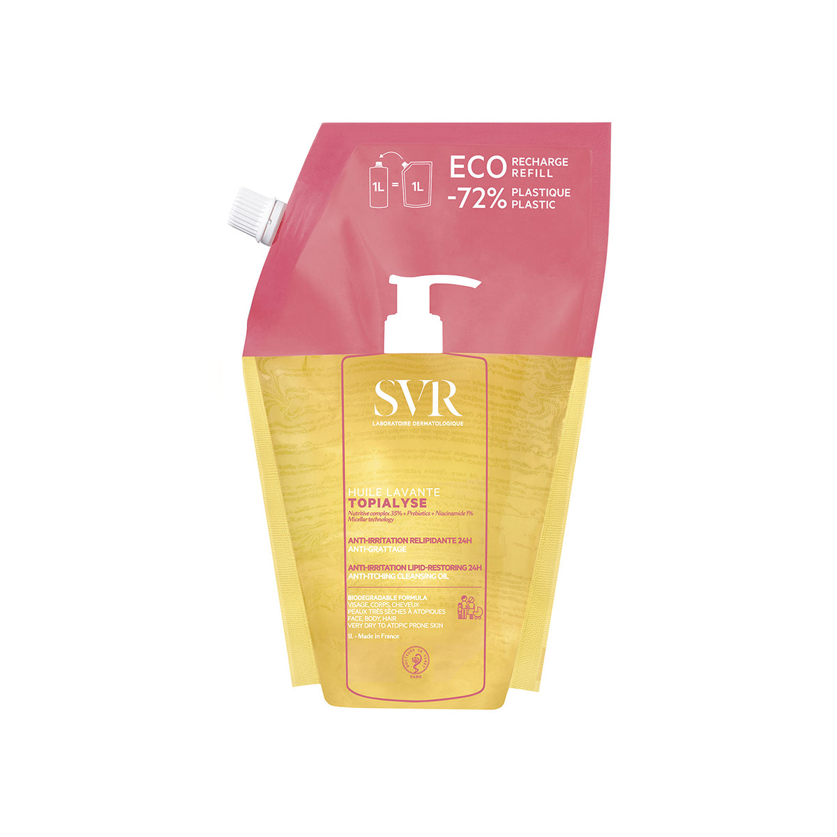 SVR TOPIALYSE Huile Lavante 1L eco-refill pouch with a pink top and golden yellow cleansing oil packaging.