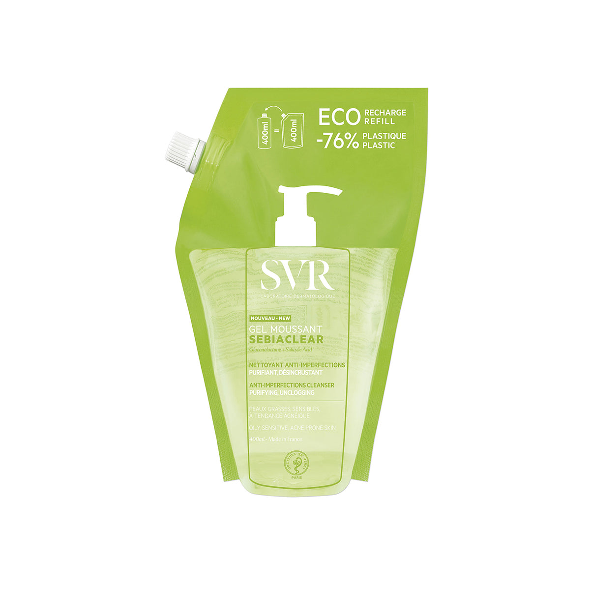 SVR Sebiaclear Gel Moussant 400ml eco-refill pouch in green with white text and a convenient pump dispenser.