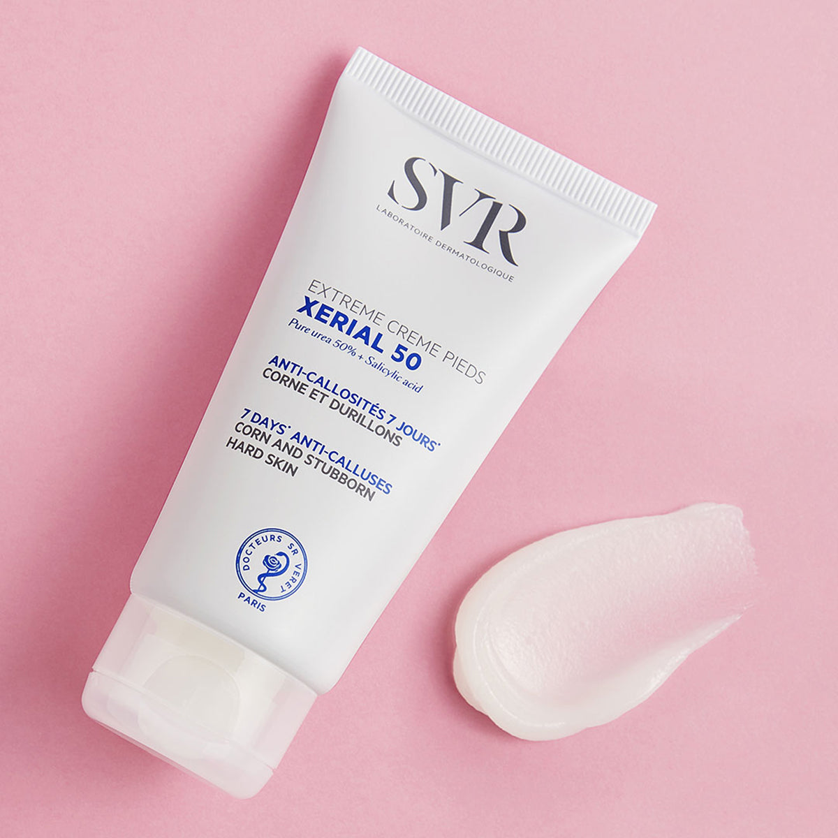 SVR XERIAL 50 foot cream tube with a white textured cream swatch on a soft pink background.