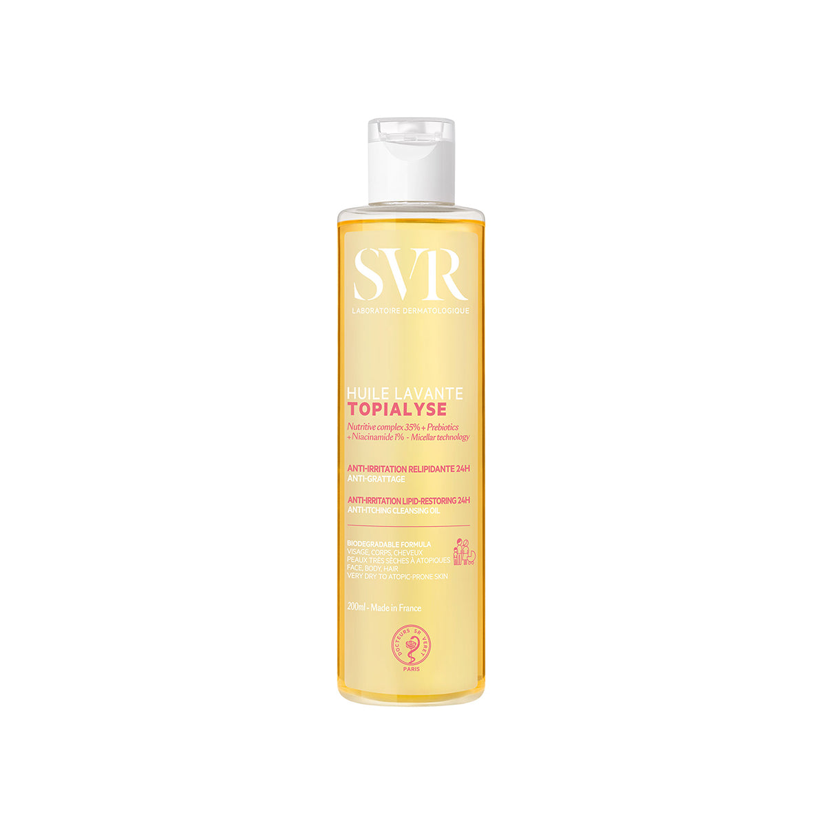 SVR TOPIALYSE Huile Lavante 200ml cleansing oil bottle with a clear design, white cap, and amber-colored liquid formula.