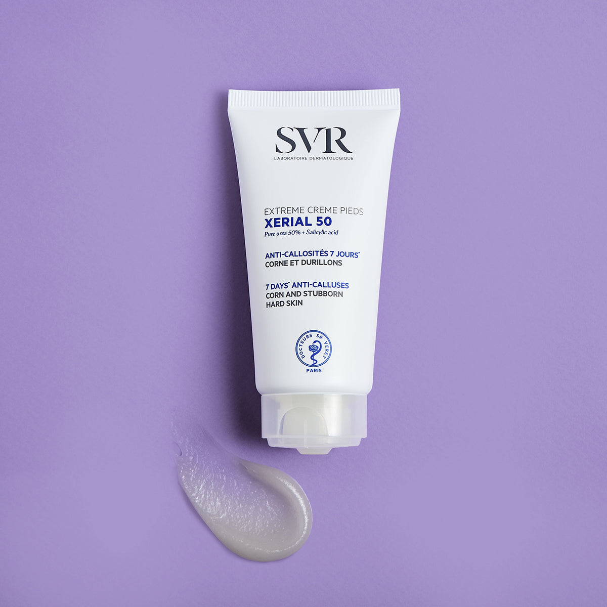 SVR XERIAL 50 foot cream tube with a white squeeze bottle and a dab of cream on a purple background.