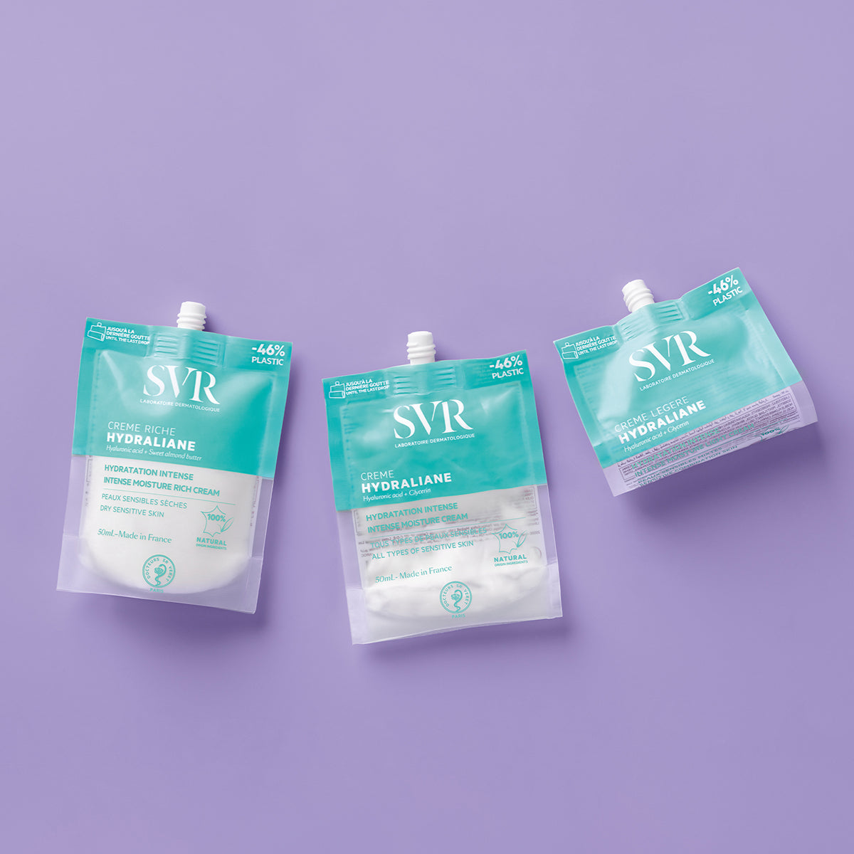 Three SVR Hydraliane 50ml refill pouches in teal and white packaging on a light purple background.