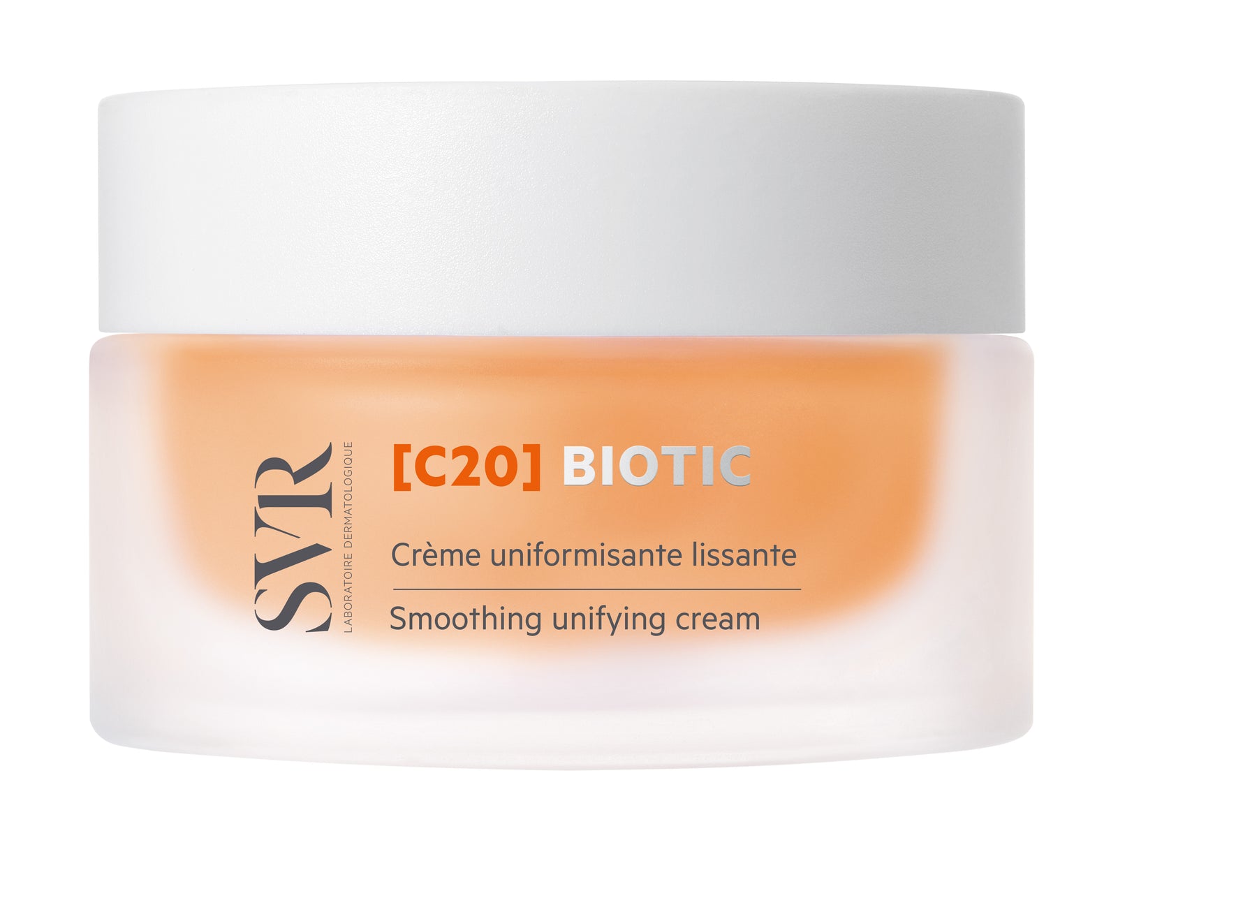 SVR [C20] Biotic 50ml smoothing unifying cream in a frosted glass jar with a white screw-top lid.