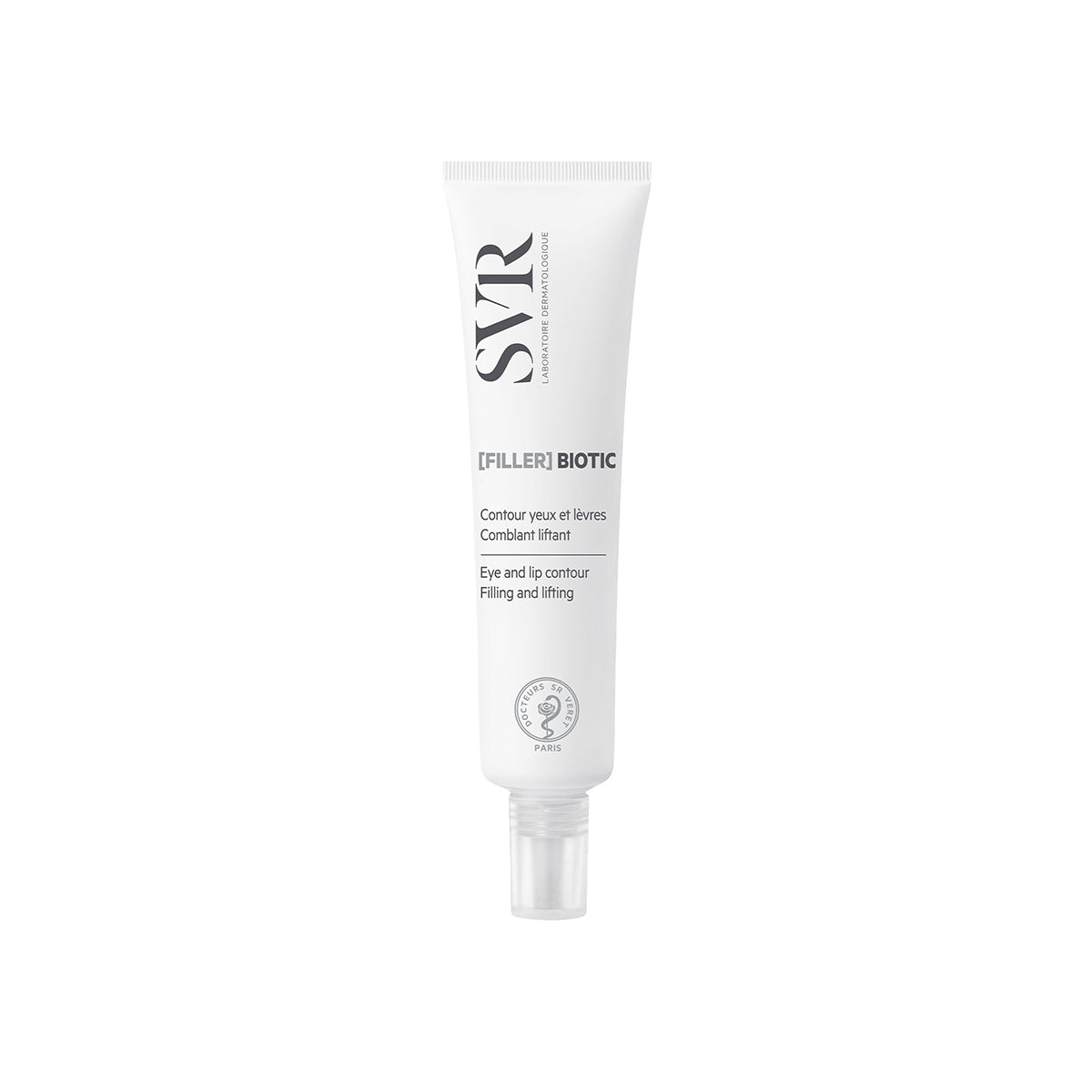 SVR [FILLER] Biotic eye and lip contour cream in a white squeeze tube with a clear cap on a white background.