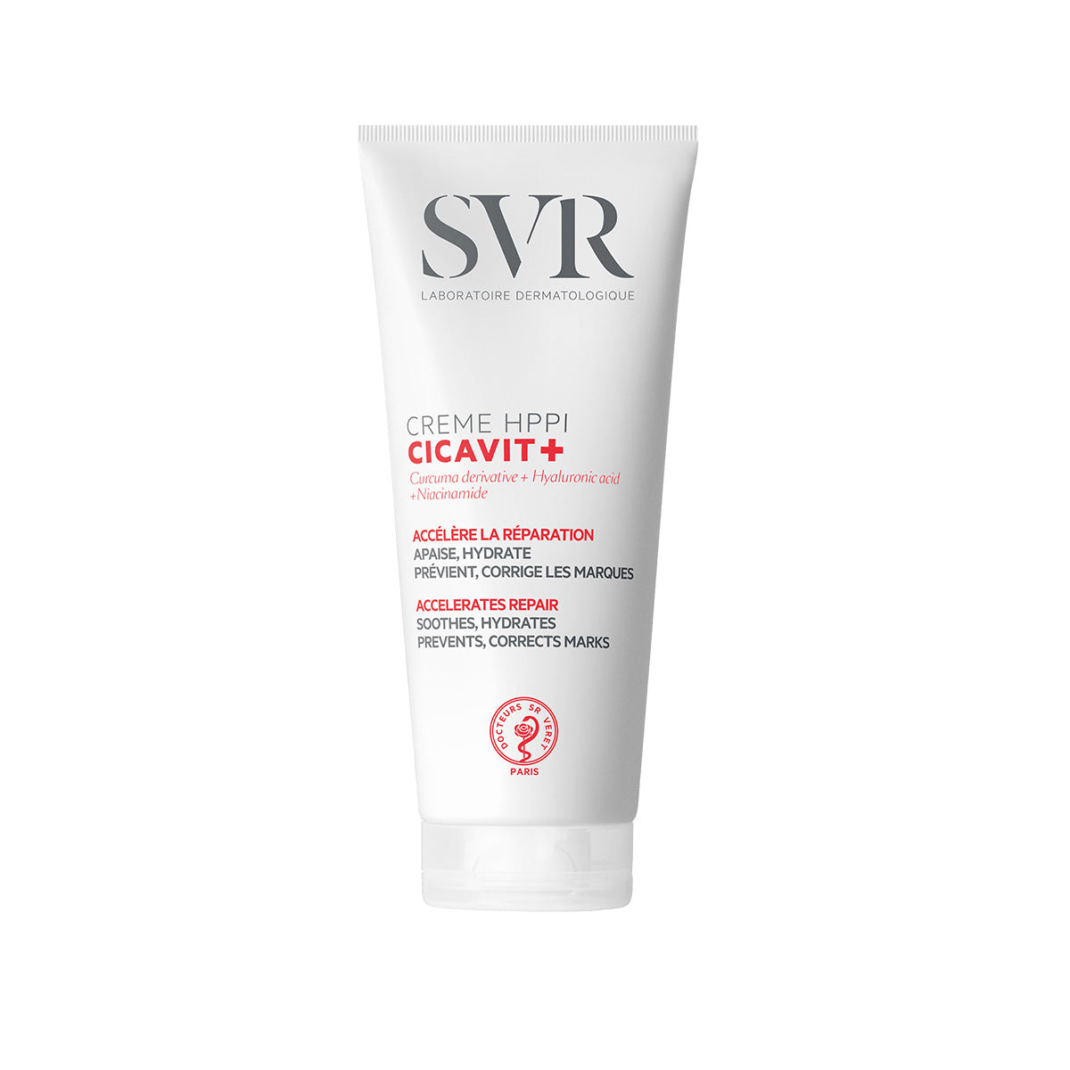 White squeeze tube of SVR CICAVIT+ Crème HPPI with red and black text on a clean, minimalist background.