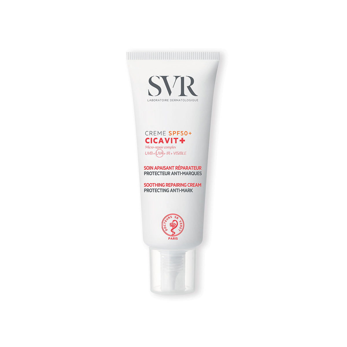 SVR CICAVIT+ SPF50+ soothing repairing cream in a white squeeze tube with a clear pump dispenser.