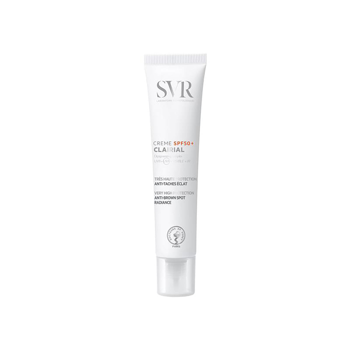 SVR CLAIRIAL Crème SPF50+ anti-brown spot face cream in a slim white squeeze tube with a clear cap.