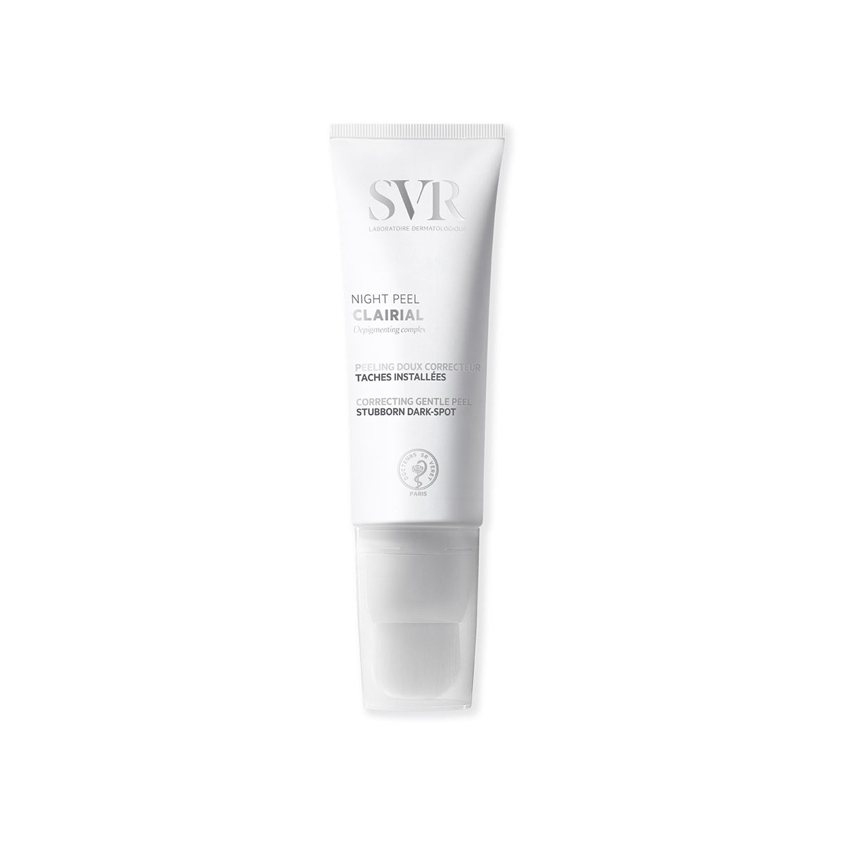 SVR Clairial Night Peel white squeeze tube with a built-in applicator brush for dark spot correction.