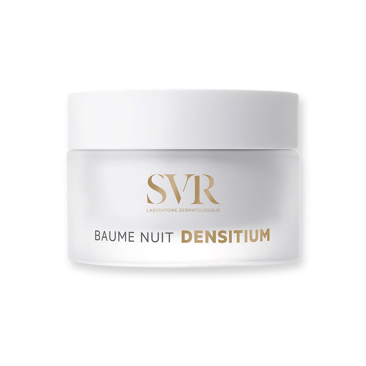 SVR Densitium Baume Nuit night cream in a frosted glass jar with a white lid and elegant gold lettering.