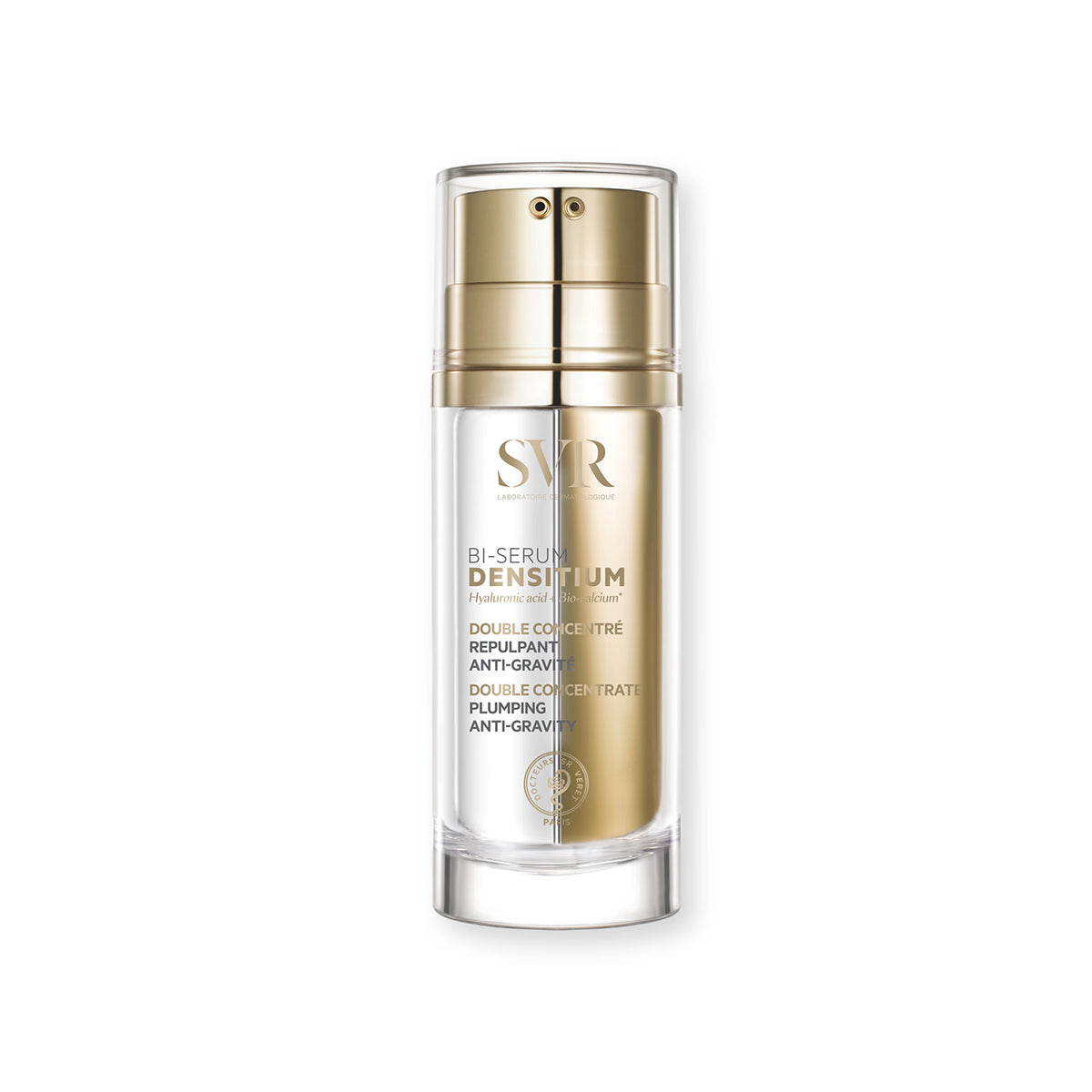 SVR Densitium Bi-Serum in a dual-chamber pump bottle with gold and clear glass design against a white background.