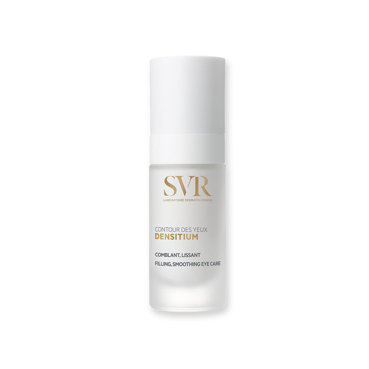 SVR Densitium eye cream in a frosted glass pump bottle with white cap and gold branding on a white background.