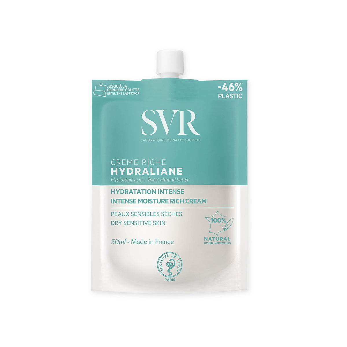SVR Hydraliane Creme Riche 50ml refill pouch in teal and white with white cap for dry, sensitive skin.