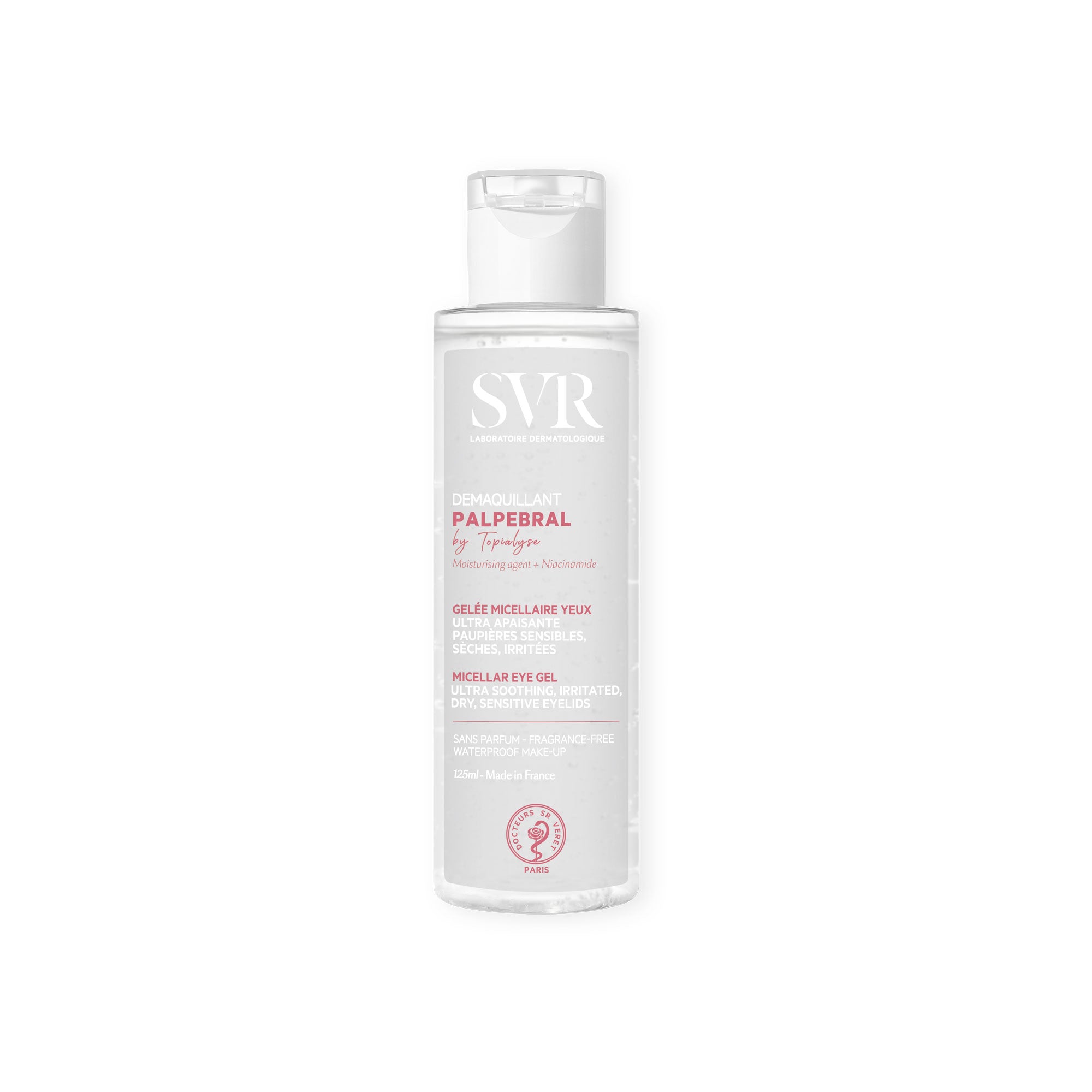 SVR Palpebral 125ml micellar eye gel bottle with a clear cap and white label for sensitive, irritated eyelids.