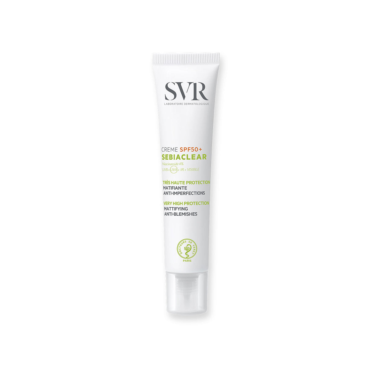SVR Sebiaclear Creme SPF50+ white squeeze tube with a clear cap, featuring green and black text for mattifying sun protection.