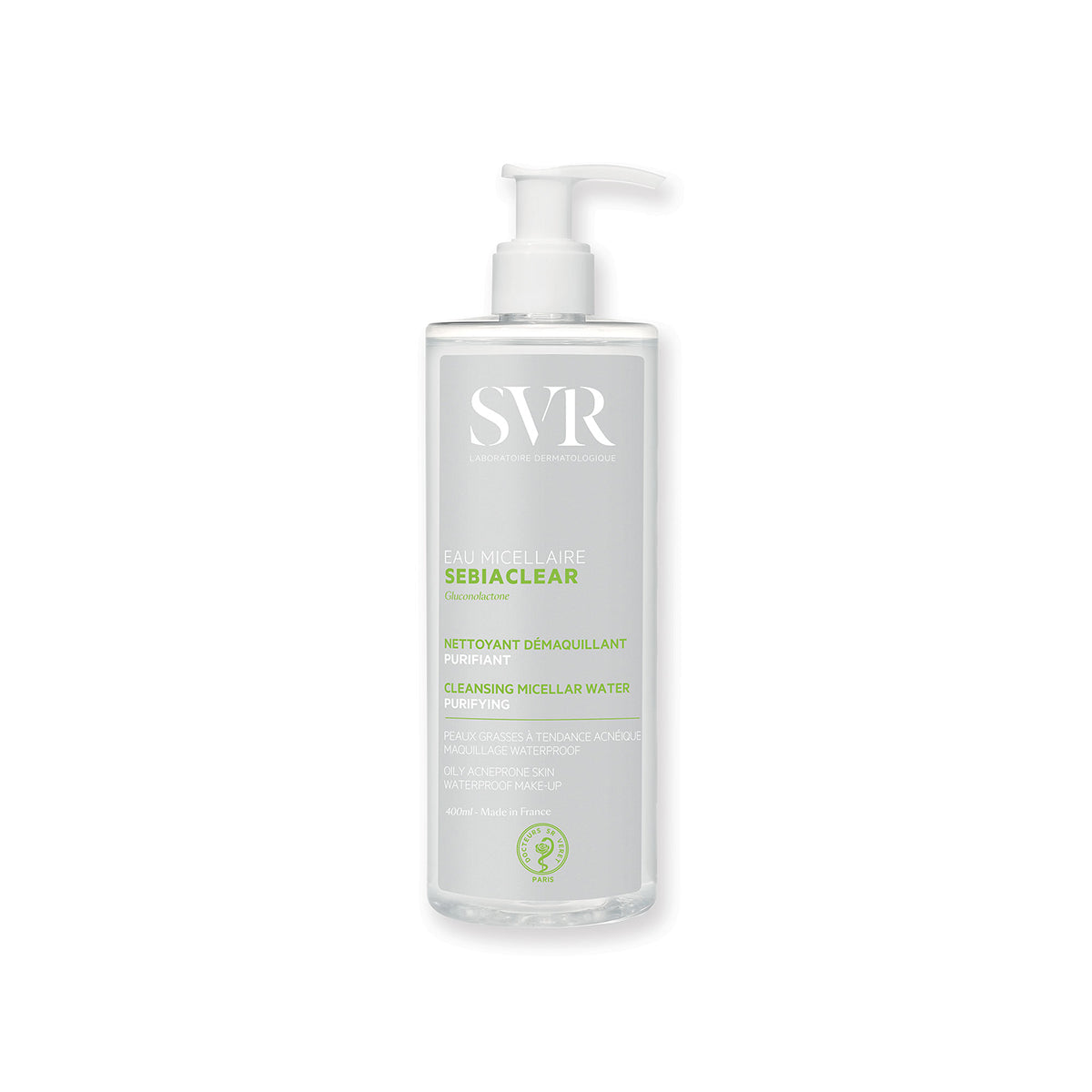 SVR Sebiaclear 400ml cleansing micellar water bottle with a white pump dispenser and green text on a clear container.