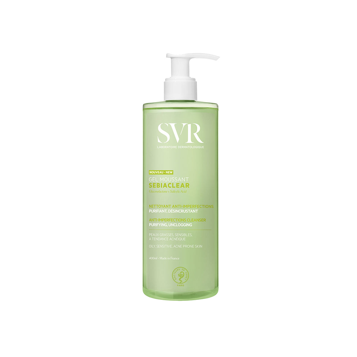 SVR Sebiaclear Gel Moussant 400ml purifying cleanser in a translucent green bottle with a white pump dispenser.
