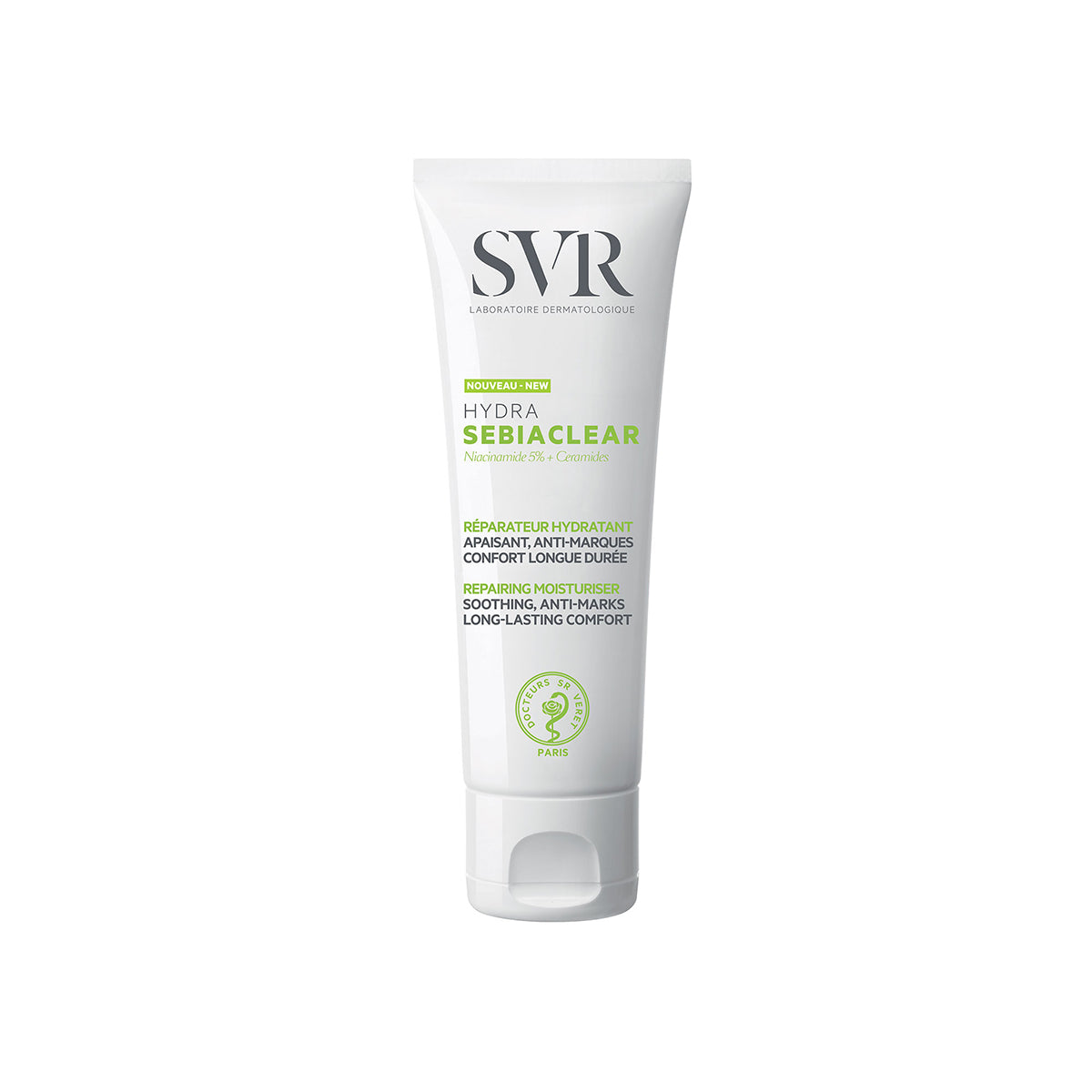 SVR Sebiaclear Hydra white squeeze tube of repairing moisturizer with green text and a flip-top cap on a white background.