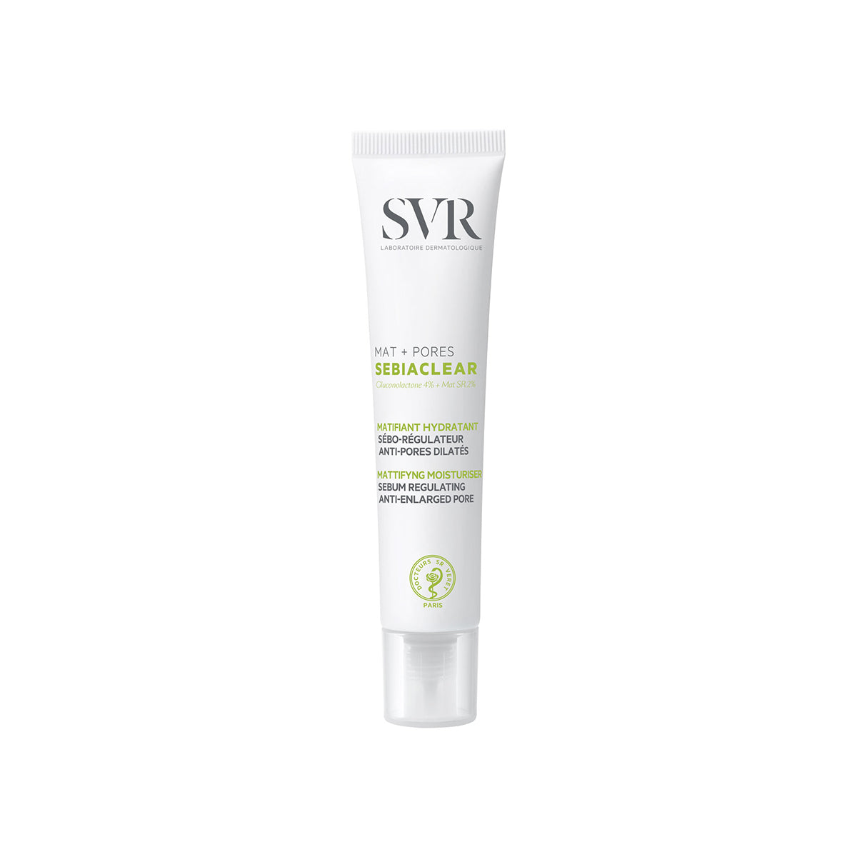 SVR Sebiaclear Mat+Pores white squeeze tube with green text and a clear cap for sebum-regulating facial moisturizer.