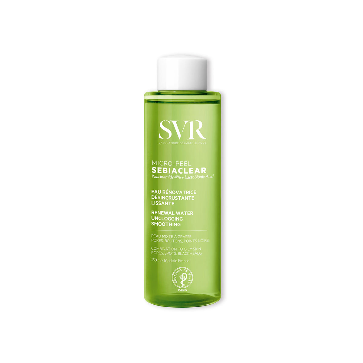 SVR Sebiaclear Micro-Peel 150ml renewal water in a translucent green plastic bottle with a white screw cap.