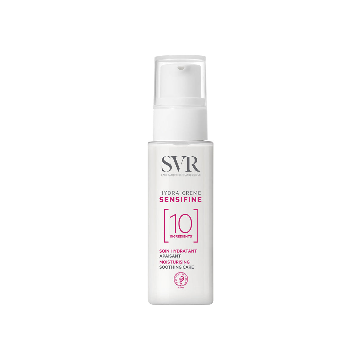 SVR Sensifine Hydra-Creme in a white pump bottle with minimalist branding and pink text on a clean white background.