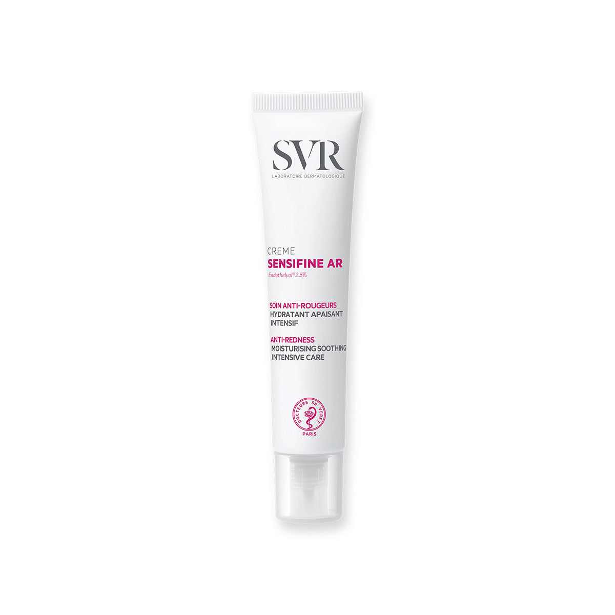 SVR Sensifine AR anti-redness cream in a white squeeze tube with pink text and a clear cap against a white background.
