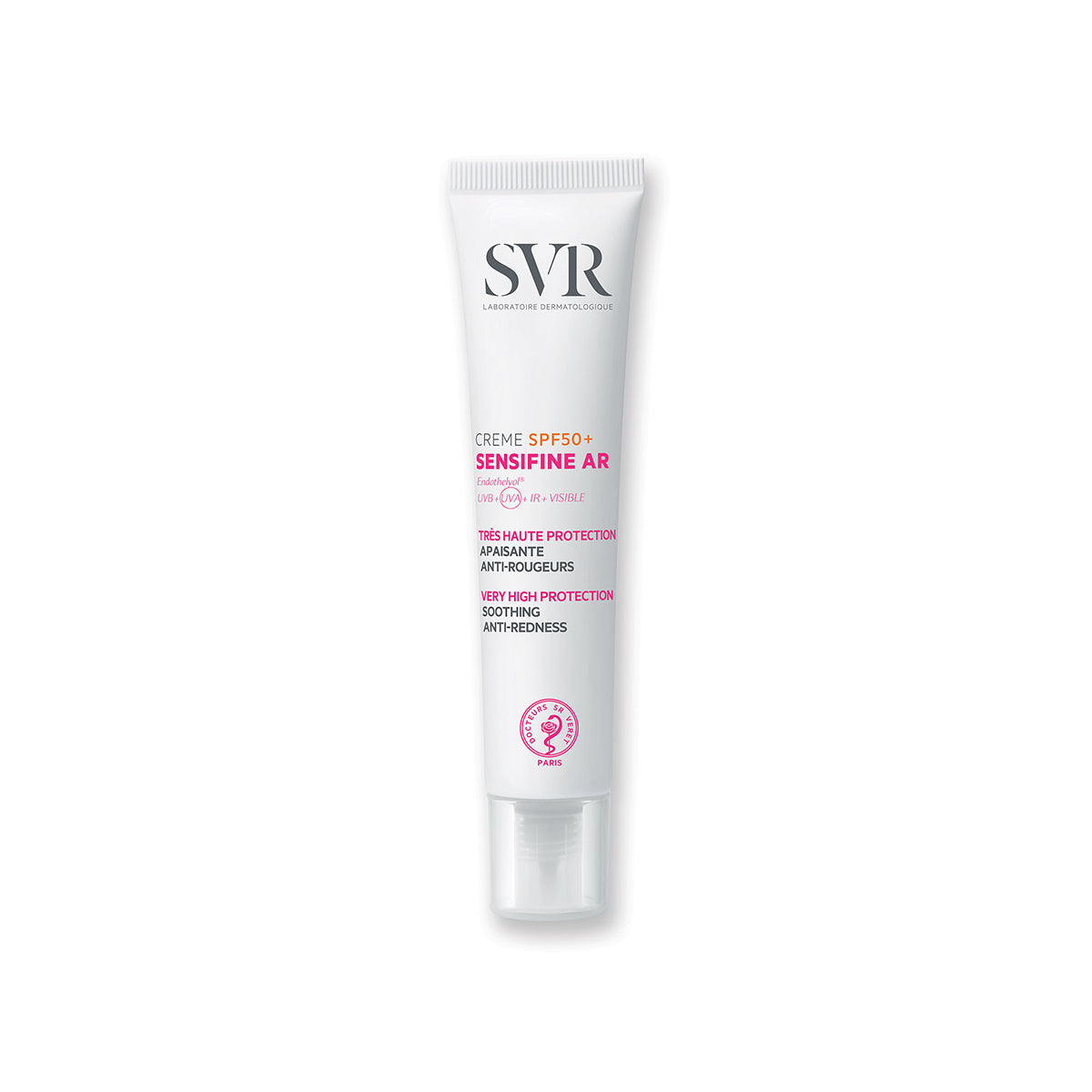 SVR Sensifine AR Creme SPF50+ white squeeze tube with pink and black text and a clear cap on a white background.