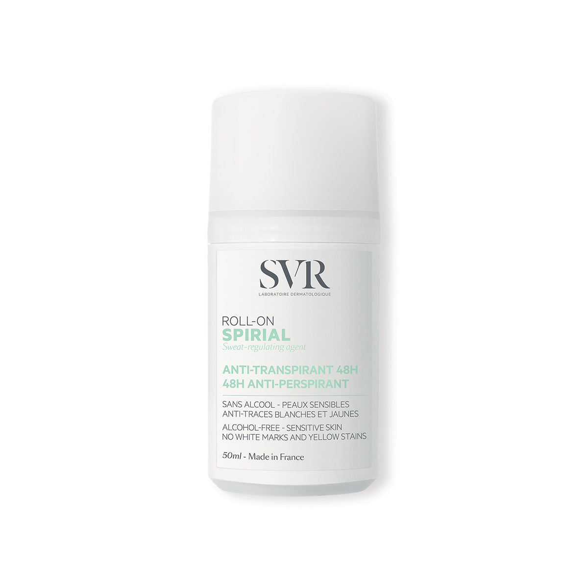 SVR Spirial 50ml roll-on anti-perspirant in a white cylindrical bottle with green and black text.