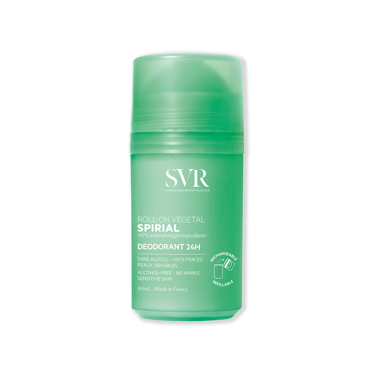 SVR Spirial Vegetal 50ml roll-on deodorant in a translucent green bottle with white text for sensitive skin.