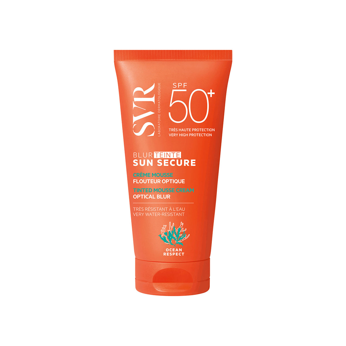 Orange squeeze tube of SVR Sun Secure Blur Teinte SPF 50 tinted mousse cream with white text and Ocean Respect logo.
