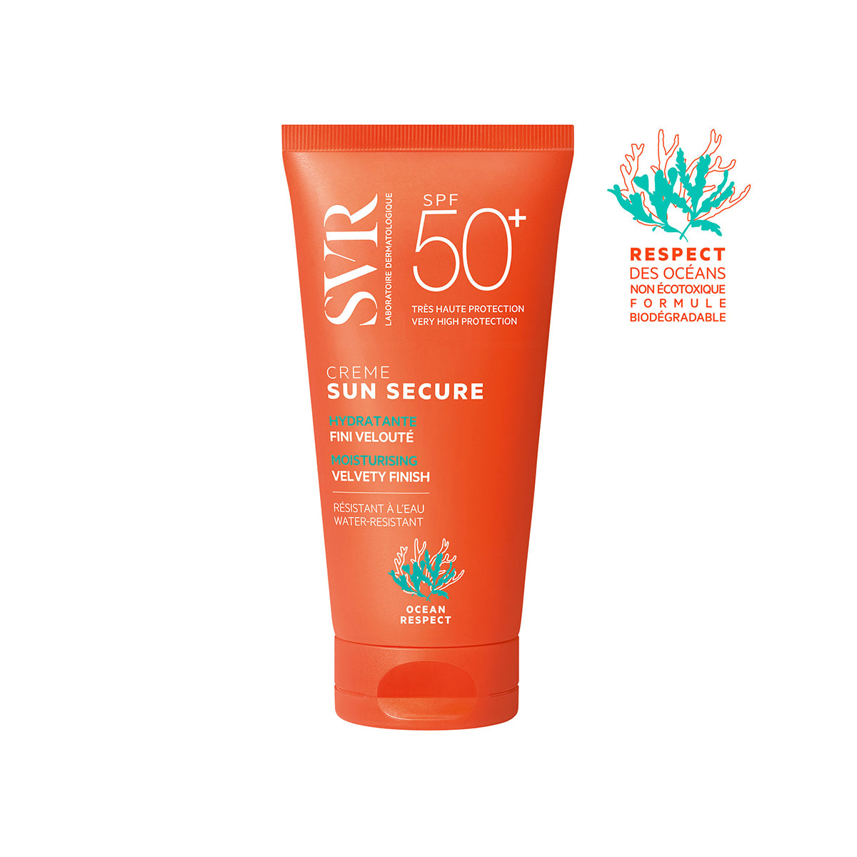 Orange SVR SUN SECURE SPF50+ sunscreen tube with white text and a teal coral reef logo on a white background.