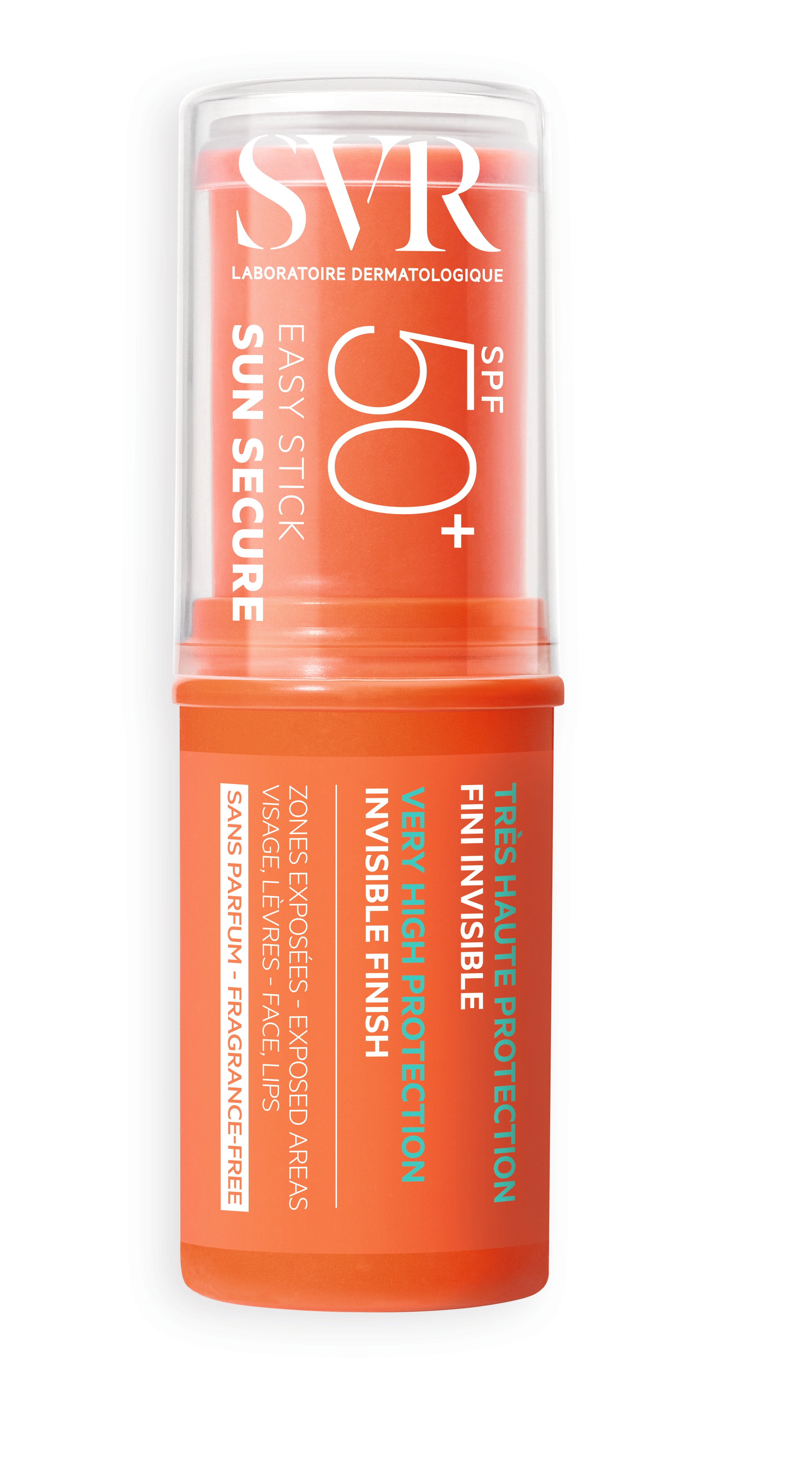 SVR SUN SECURE SPF50+ orange sunscreen stick with a clear cap and white text for face and lips protection.